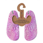 A pair of pink zebra striped Slipstop junior water shoes displayed on a hanger.